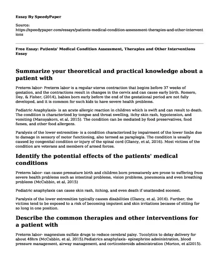 Free Essay: Patients' Medical Condition Assessment, Therapies and Other Interventions