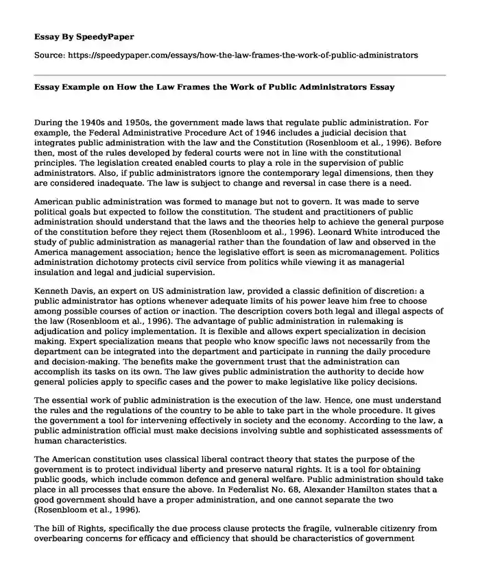 Essay Example on How the Law Frames the Work of Public Administrators