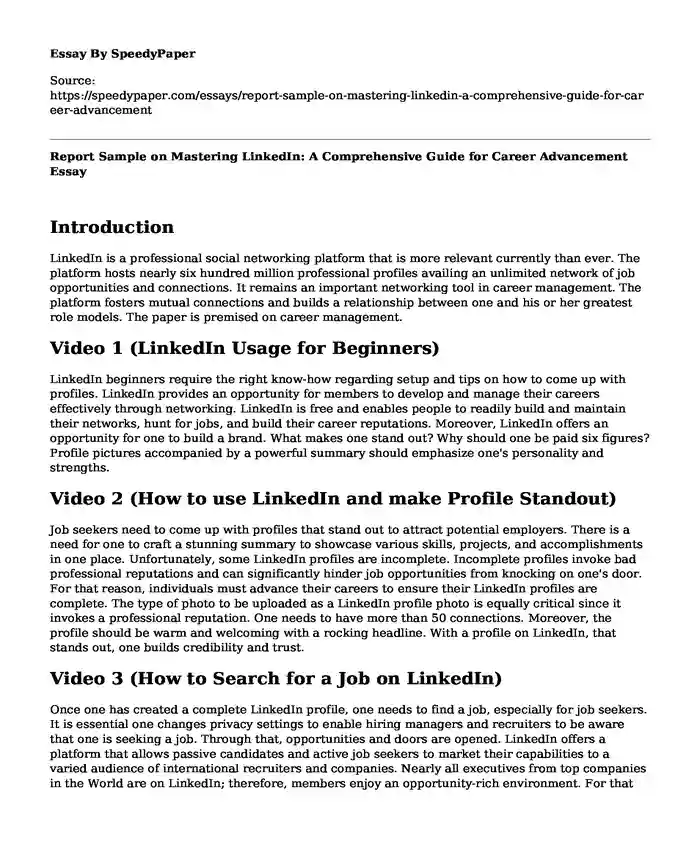 Report Sample on Mastering LinkedIn: A Comprehensive Guide for Career Advancement