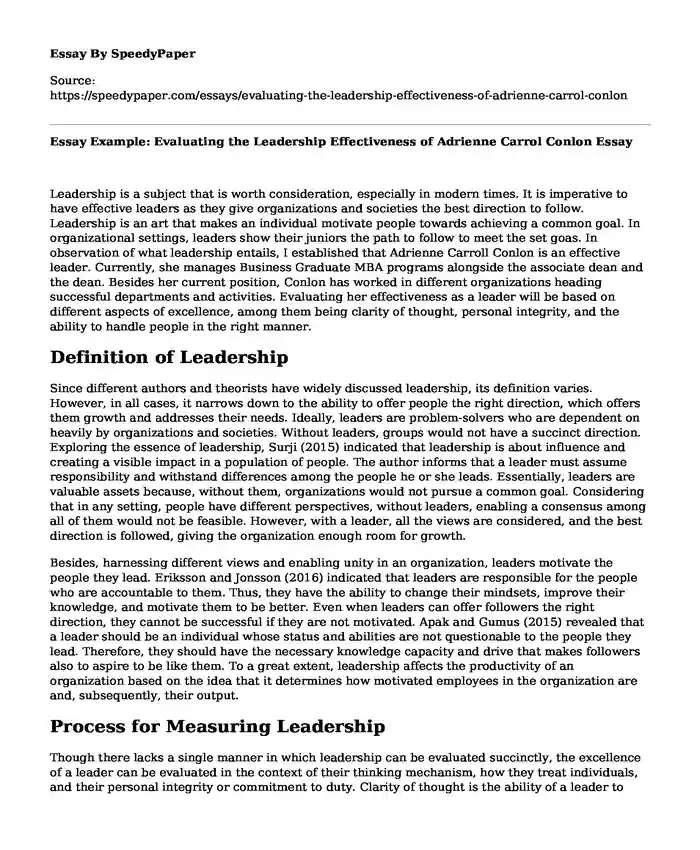 Essay Example: Evaluating the Leadership Effectiveness of Adrienne Carrol Conlon
