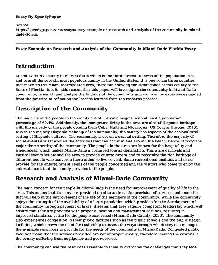 Essay Example on Research and Analysis of the Community in Miami Dade Florida