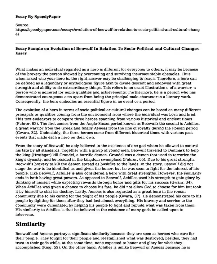 Essay Sample on Evolution of Beowulf In Relation To Socio-Political and Cultural Changes