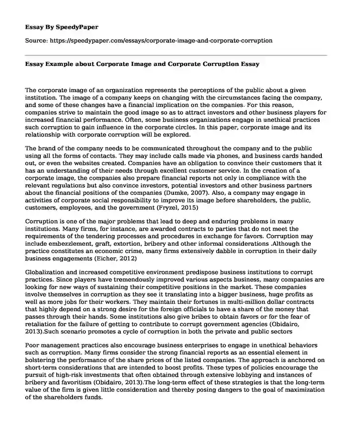 Essay Example about Corporate Image and Corporate Corruption