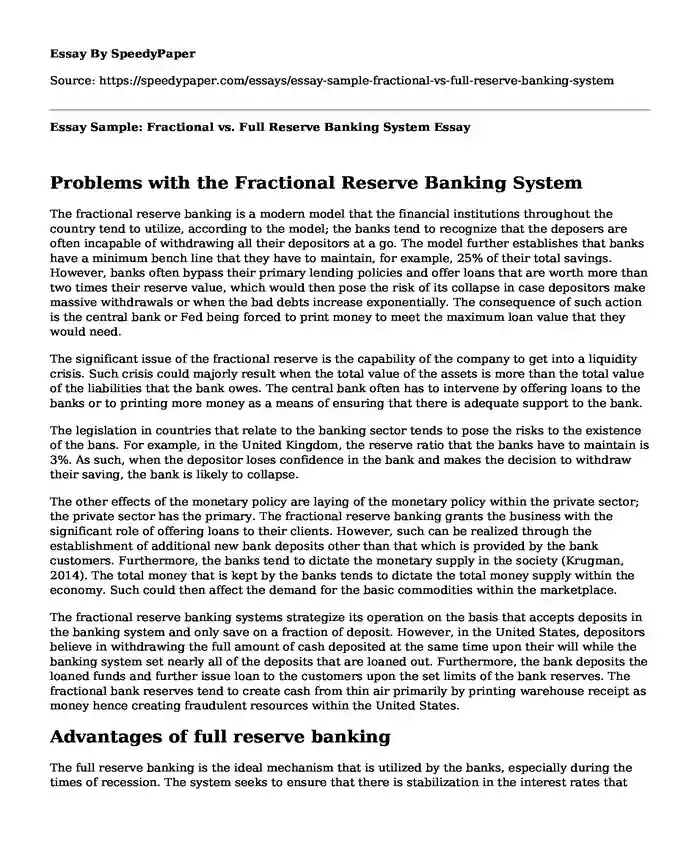 Essay Sample: Fractional vs. Full Reserve Banking System