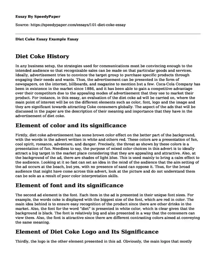 Diet Coke Essay Example
