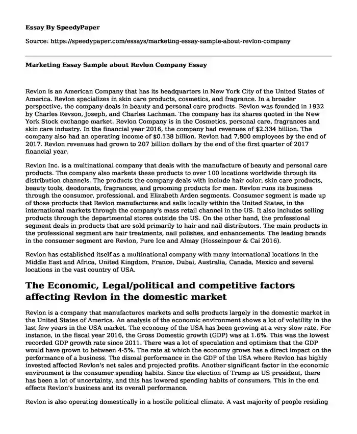 Marketing Essay Sample about Revlon Company