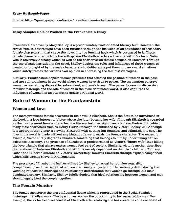 Essay Sample: Role of Women in the Frankenstein