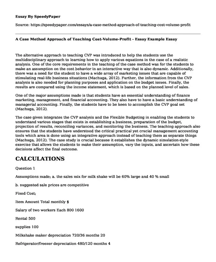 A Case Method Approach of Teaching Cost-Volume-Profit - Essay Example