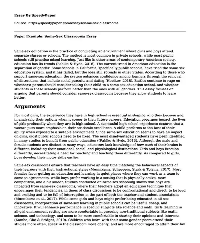 Paper Example: Same-Sex Classrooms