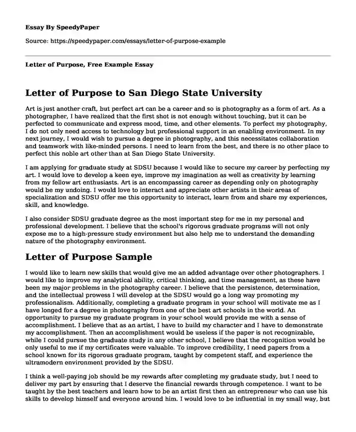 Letter of Purpose, Free Example