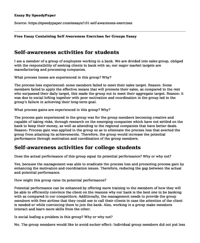 Free Essay Containing Self Awareness Exercises for Groups