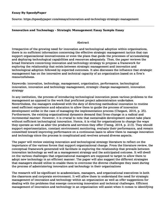 Innovation and Technology - Strategic Management Essay Sample