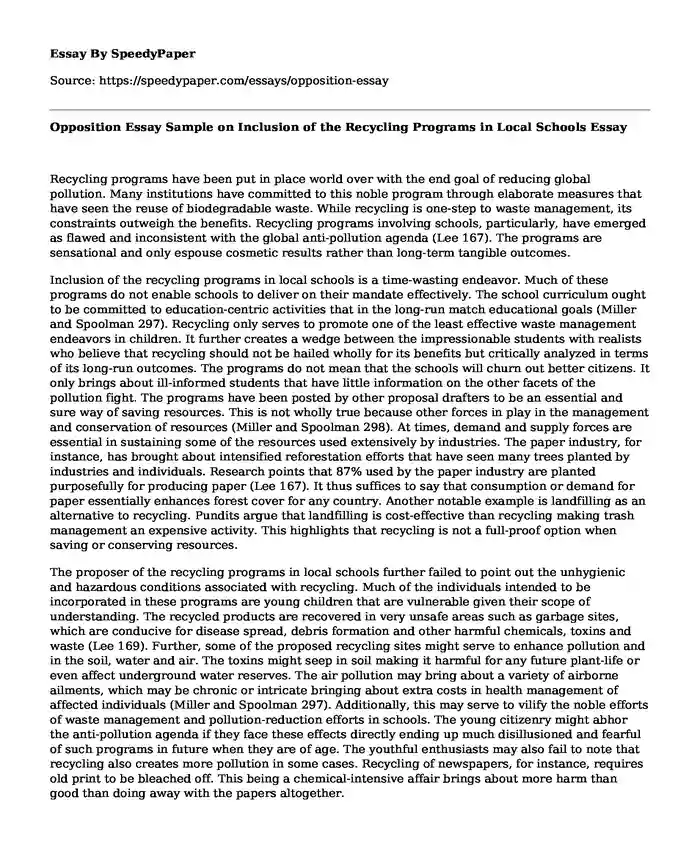 Opposition Essay Sample on Inclusion of the Recycling Programs in Local Schools