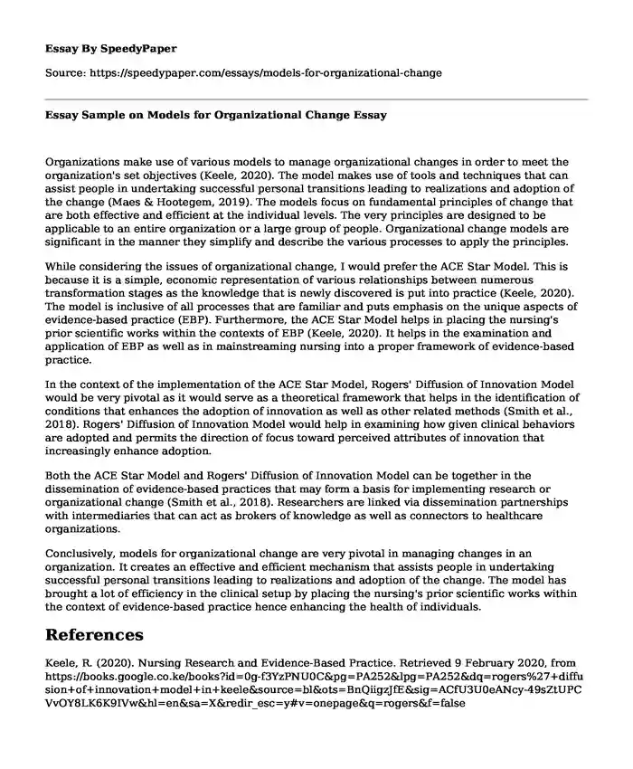 Essay Sample on Models for Organizational Change