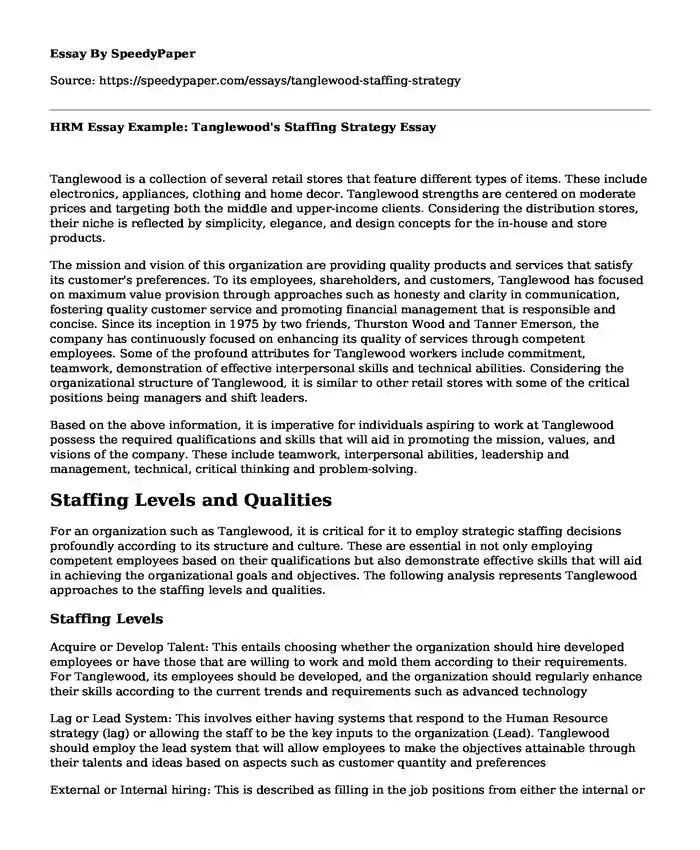 HRM Essay Example: Tanglewood's Staffing Strategy