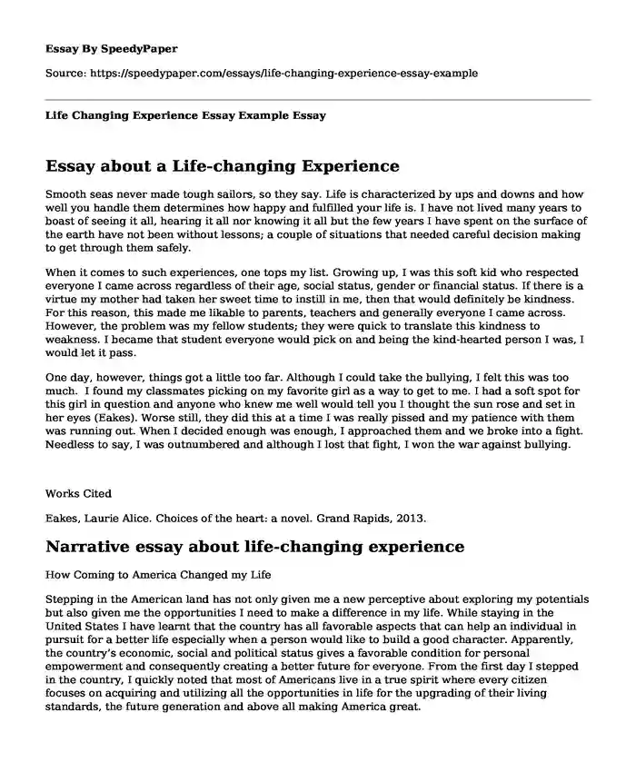Life Changing Experience Essay Example