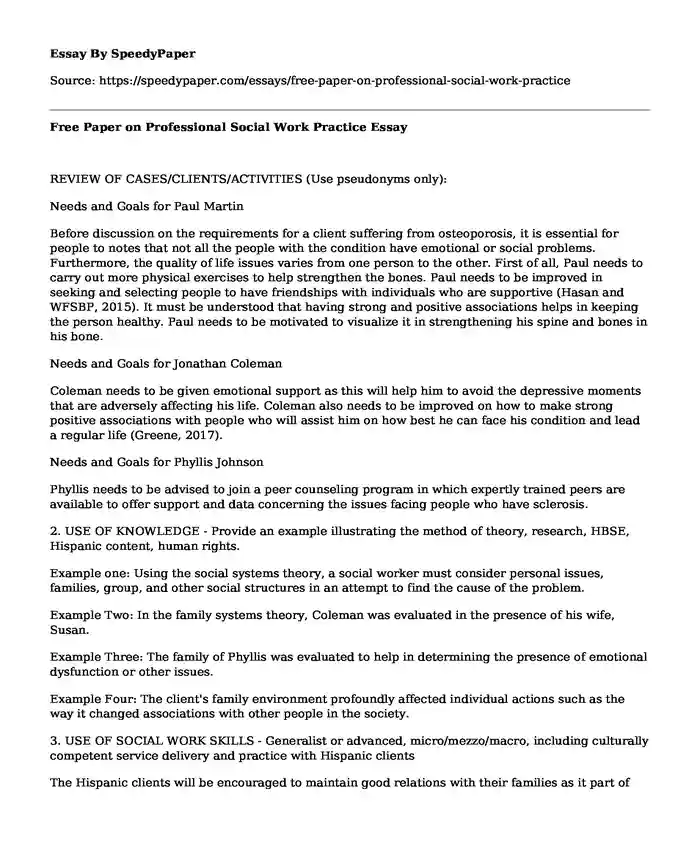 Free Paper on Professional Social Work Practice