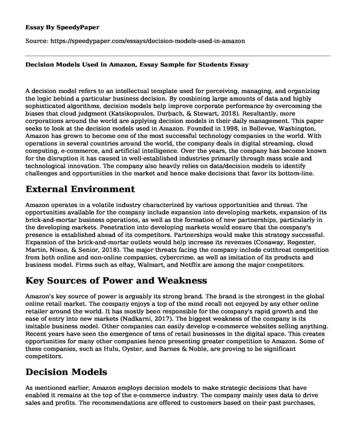 Decision Models Used in Amazon, Essay Sample for Students