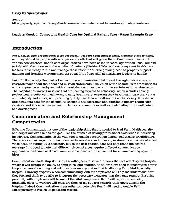 Leaders Needed: Competent Health Care for Optimal Patient Care - Paper Example