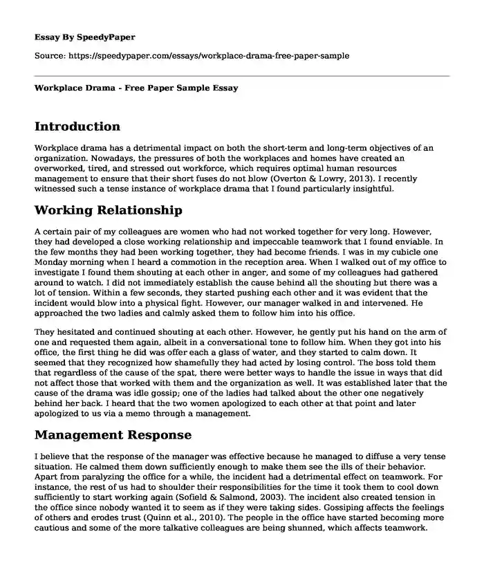 Workplace Drama - Free Paper Sample
