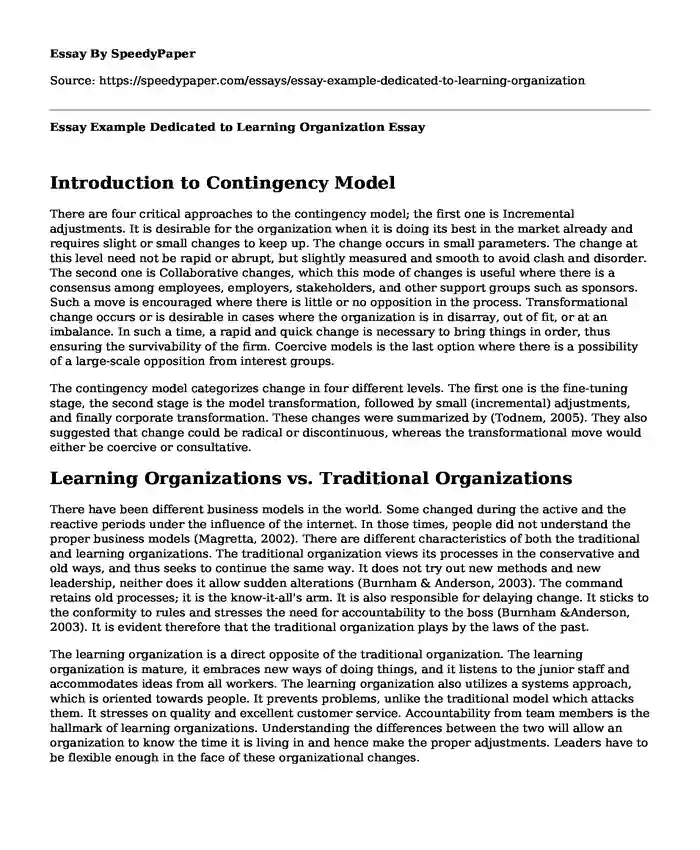 Essay Example Dedicated to Learning Organization