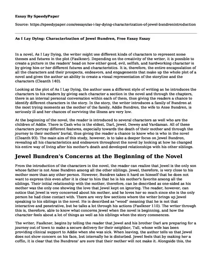 As I Lay Dying: Characterization of Jewel Bundren, Free Essay