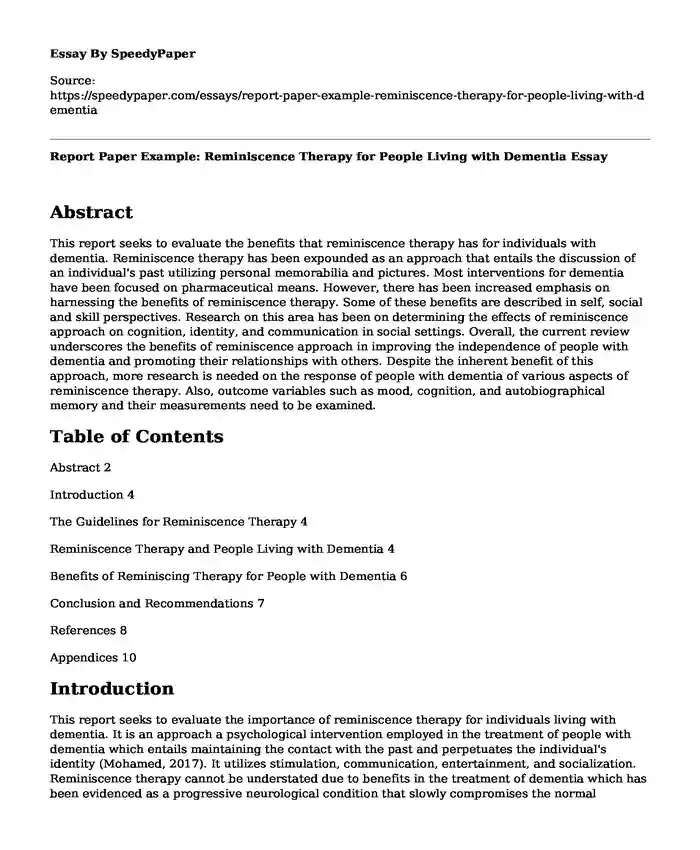 Report Paper Example: Reminiscence Therapy for People Living with Dementia