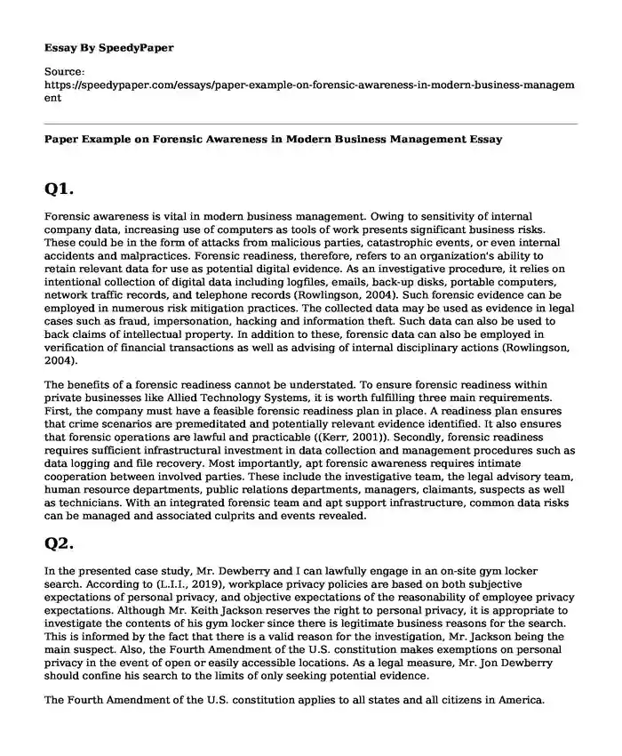 Paper Example on Forensic Awareness in Modern Business Management