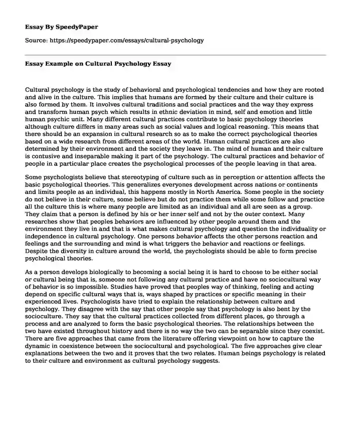 Essay Example on Cultural Psychology