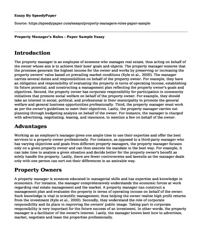 Property Manager's Roles - Paper Sample
