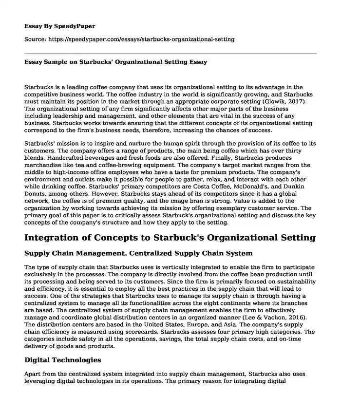 Essay Sample on Starbucks' Organizational Setting