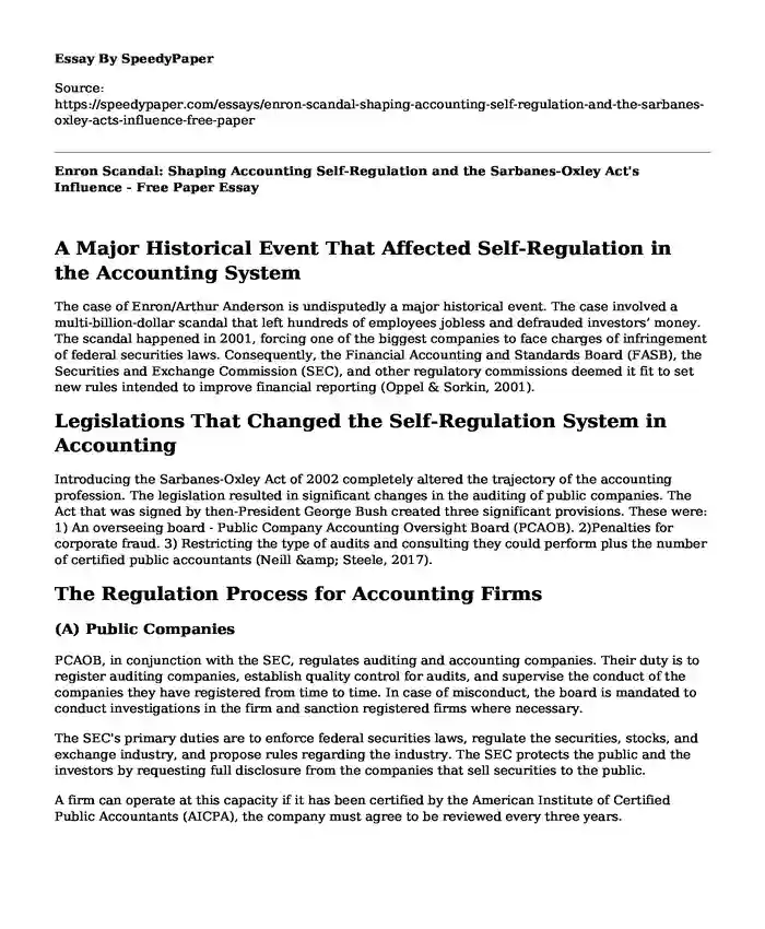 Enron Scandal: Shaping Accounting Self-Regulation and the Sarbanes-Oxley Act's Influence - Free Paper