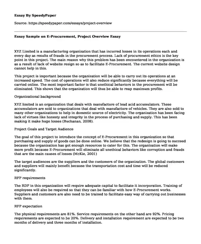 Essay Sample on E-Procurement, Project Overview