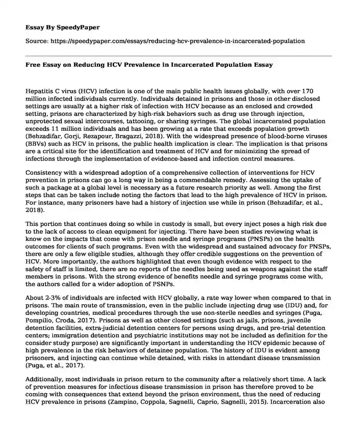 Free Essay on Reducing HCV Prevalence in Incarcerated Population