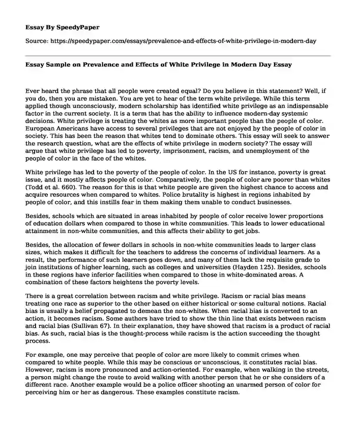 Essay Sample on Prevalence and Effects of White Privilege in Modern Day