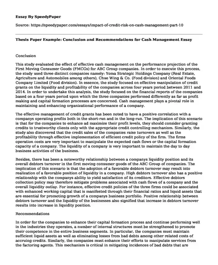 Thesis Paper Example: Conclusion and Recommendations for Cash Management