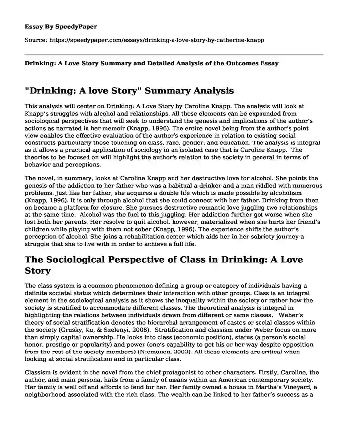 Drinking: A Love Story Summary and Detailed Analysis of the Outcomes