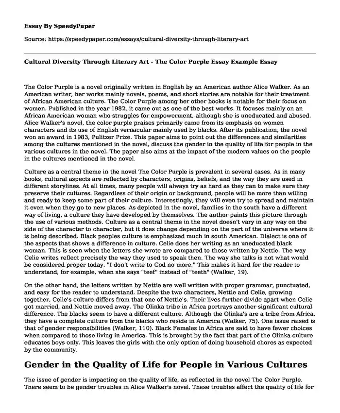 Cultural Diversity Through Literary Art - The Color Purple Essay Example
