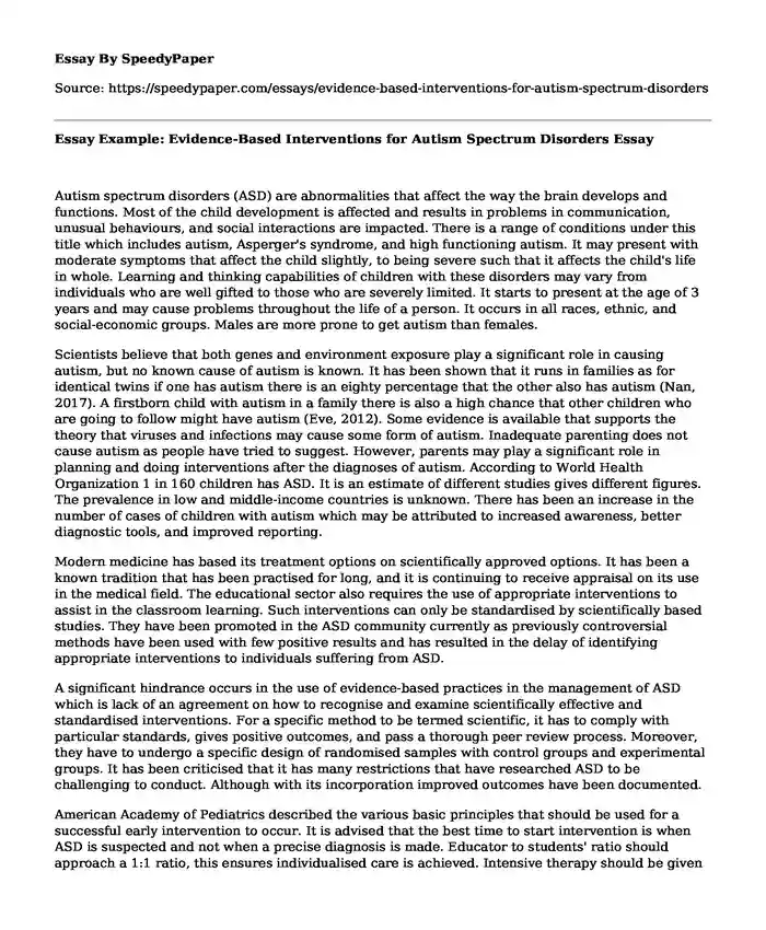 Essay Example: Evidence-Based Interventions for Autism Spectrum Disorders