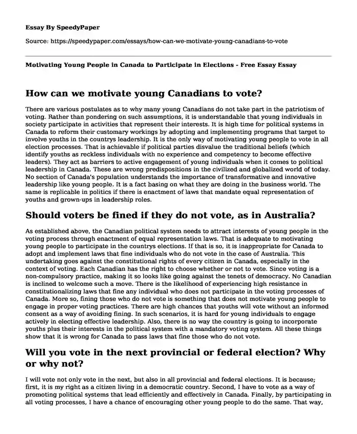 Motivating Young People in Canada to Participate in Elections - Free Essay