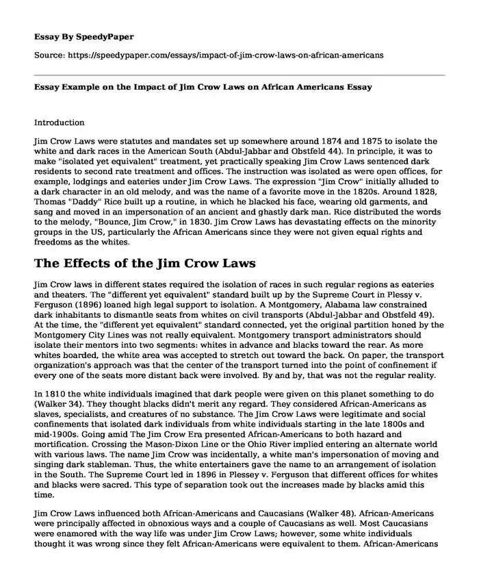 Essay Example on the Impact of Jim Crow Laws on African Americans