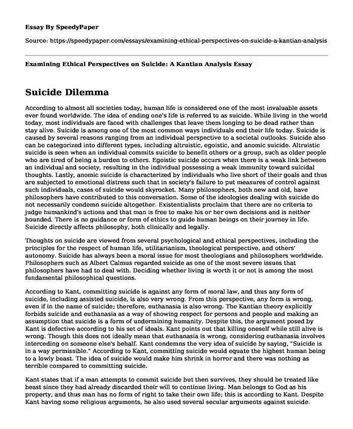 Examining Ethical Perspectives on Suicide: A Kantian Analysis