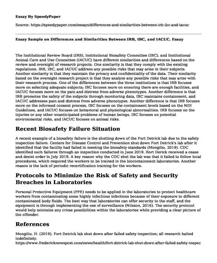 Essay Sample on Differences and Similarities Between IRB, IBC, and IACUC.