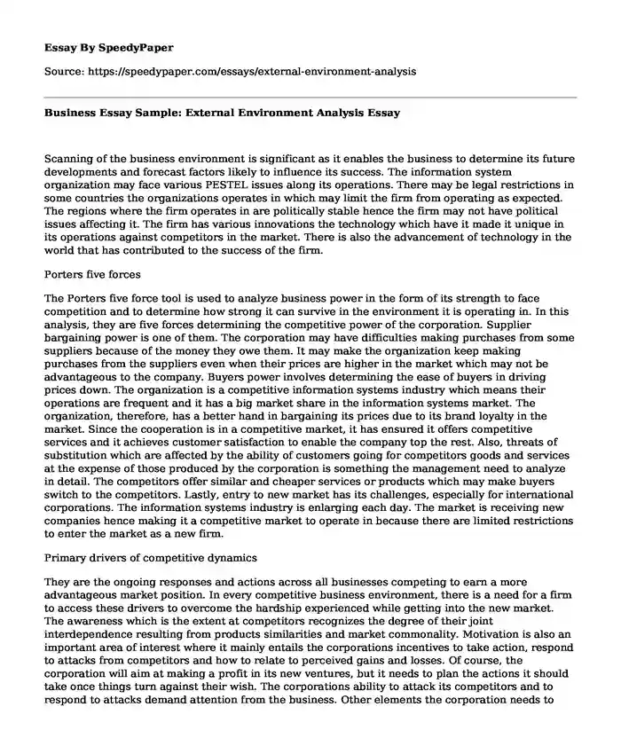Business Essay Sample: External Environment Analysis