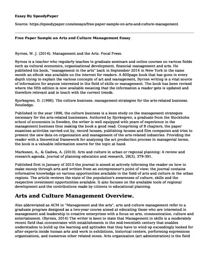 Free Paper Sample on Arts and Culture Management