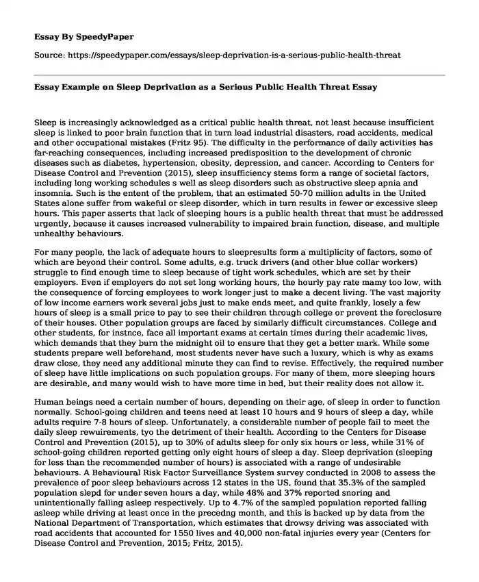 Essay Example on Sleep Deprivation as a Serious Public Health Threat