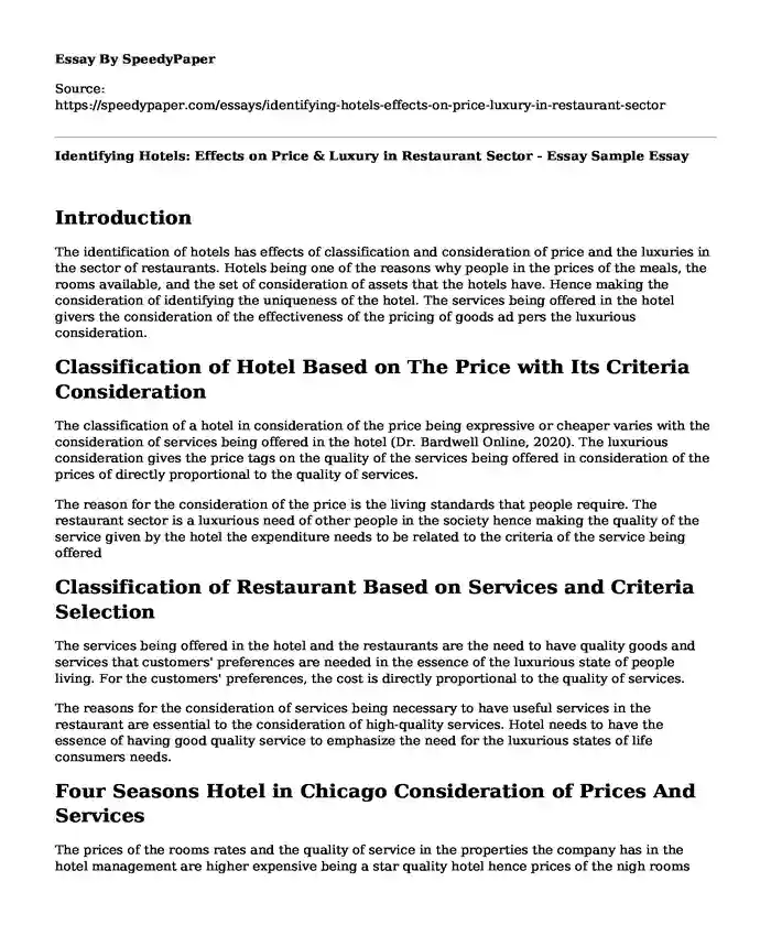 Identifying Hotels: Effects on Price & Luxury in Restaurant Sector - Essay Sample