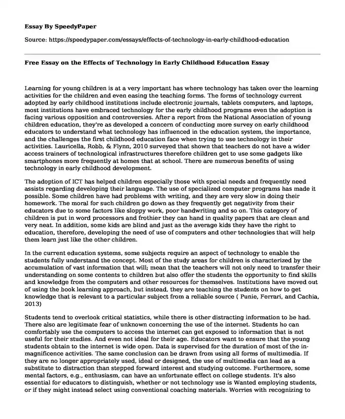 Free Essay on the Effects of Technology in Early Childhood Education