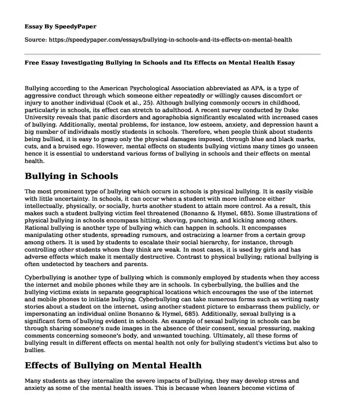 Free Essay Investigating Bullying in Schools and Its Effects on Mental Health