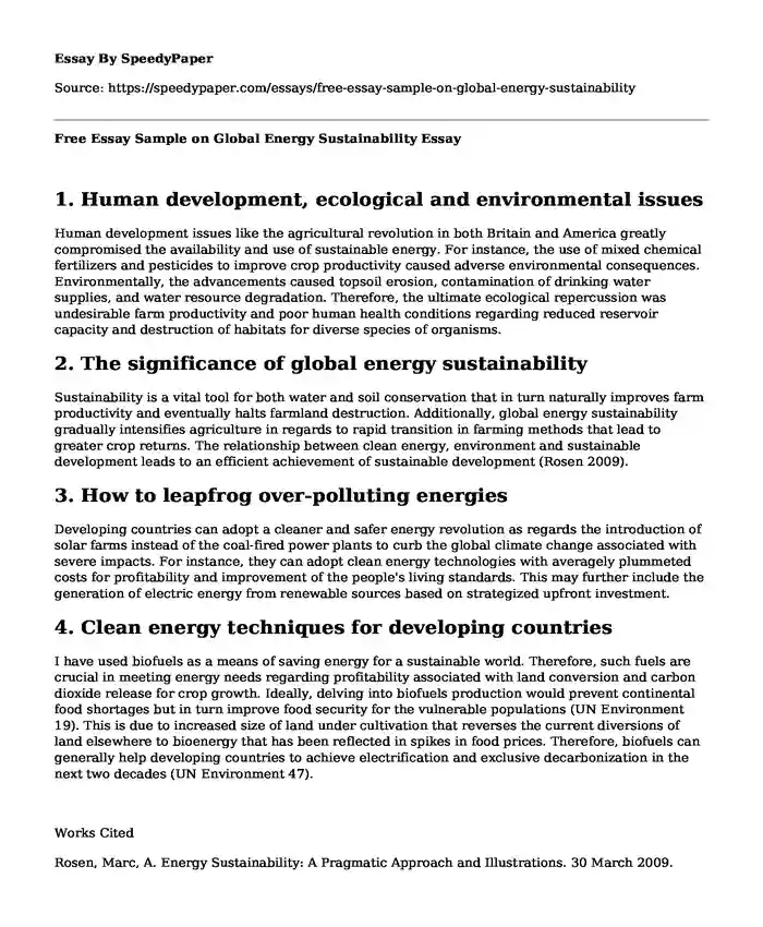 Free Essay Sample on Global Energy Sustainability